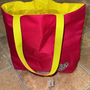 NWT Clinique Cosmetics Makeup Skincare Neon Pink/Yellow Polyester Heart Tote Bag
